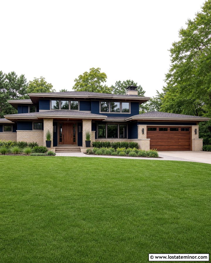 Navy Blue Prairie House With Buff Brick - 30 Navy Blue House Design With Brick Accents Ideas