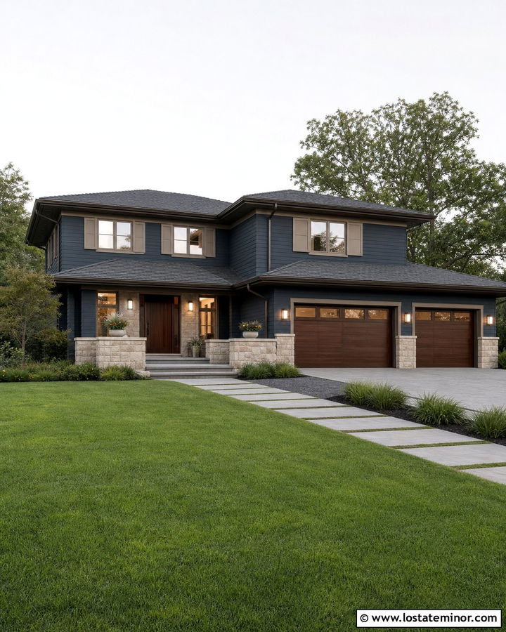 Navy Blue Prairie House With Greige Shutters - 30 Navy Blue House Design With Shutters Ideas