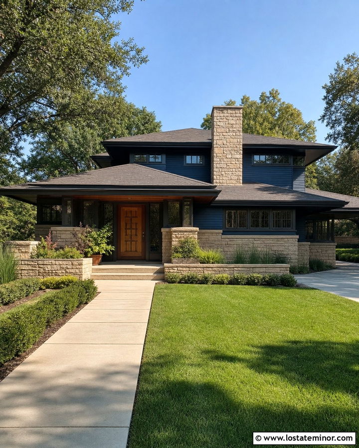 Navy Blue Prairie House With Horizontal Chimney - 30 Navy Blue House Design With Chimney Ideas