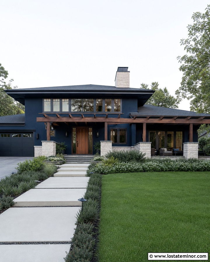 Navy Blue Prairie House With Horizontal Pergola - 30 Navy Blue House Design With Pergola Ideas