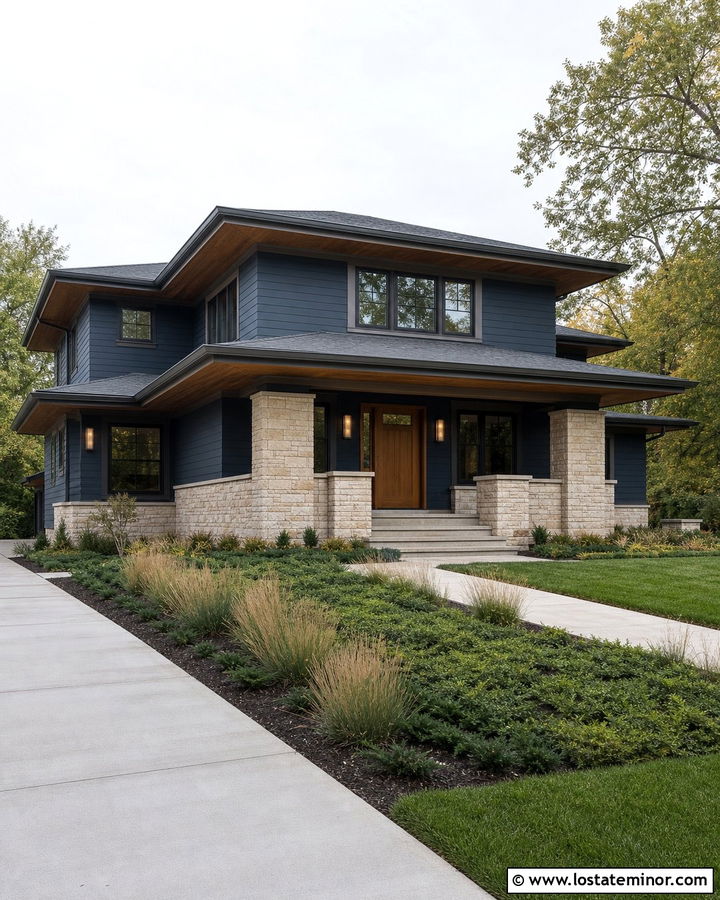 Navy Blue Prairie House With Low Portico - 30 Navy Blue House Design With Portico Ideas