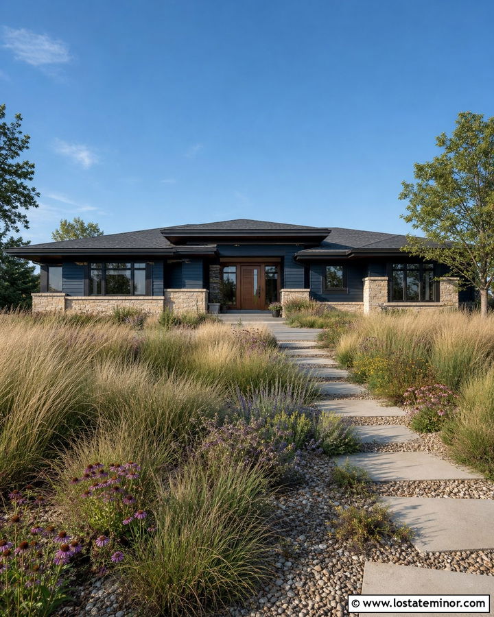 Navy Blue Prairie House With Native Grass Landscaping - 30 Navy Blue House Design With Front Yard Ideas