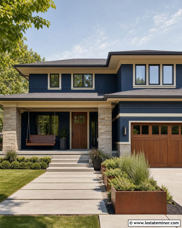 Navy Blue Prairie House With Slatted Swing - 30 Navy Blue House Design With Swing Ideas