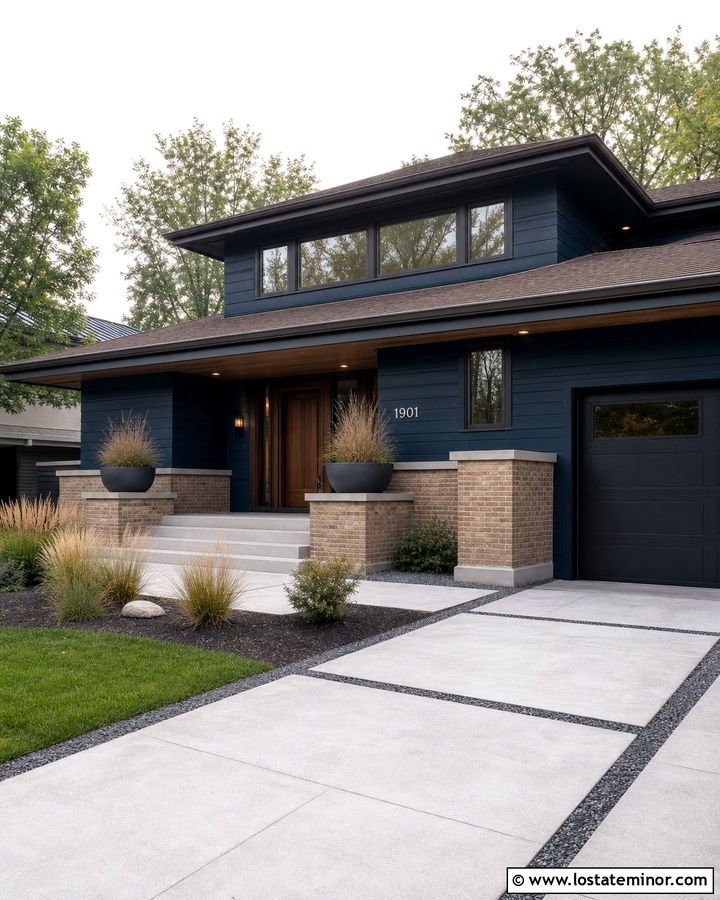 Navy Blue Prairie House With Tan Brick Wainscoting - 30 Navy Blue House Design With Wainscoting Ideas