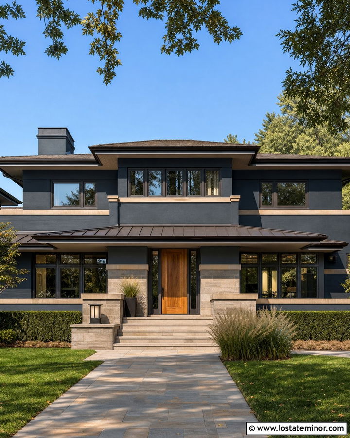 Navy Blue Prairie House With Wide Awning - 30 Navy Blue House Design With Awning Ideas