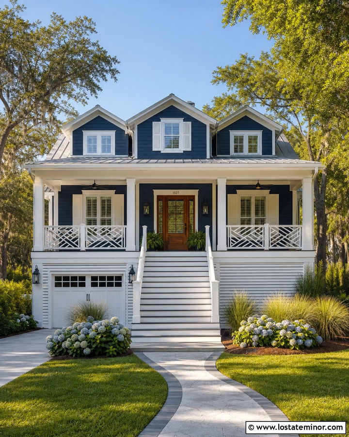 Navy Blue Raised House With White Lattice Railings - 30 Navy Blue House Design With Railings Ideas