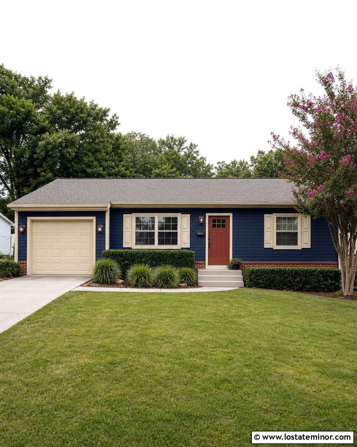 Navy Blue Rambler With Cream Shutters - 30 Navy Blue House Design With Shutters Ideas