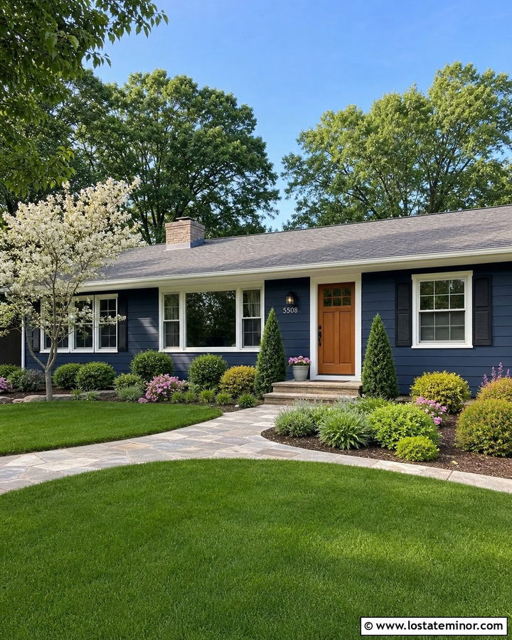 Navy Blue Ranch House With Curved Garden Beds - 30 Navy Blue House Design With Landscaping Ideas