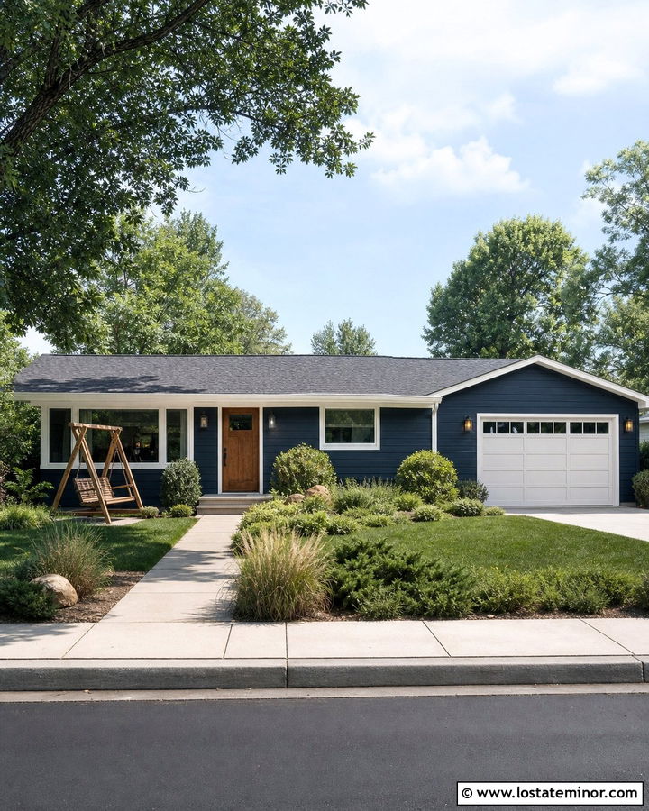 Navy Blue Ranch House With Freestanding Swing - 30 Navy Blue House Design With Swing Ideas