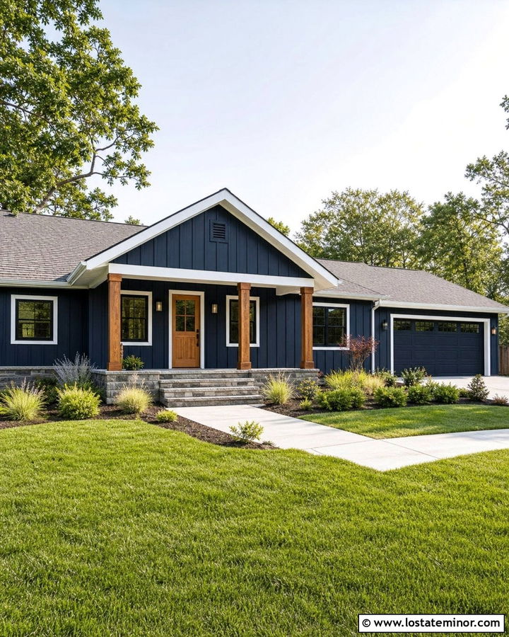Navy Blue Ranch House With Front Gable - 30 Navy Blue House Design With Gables Ideas
