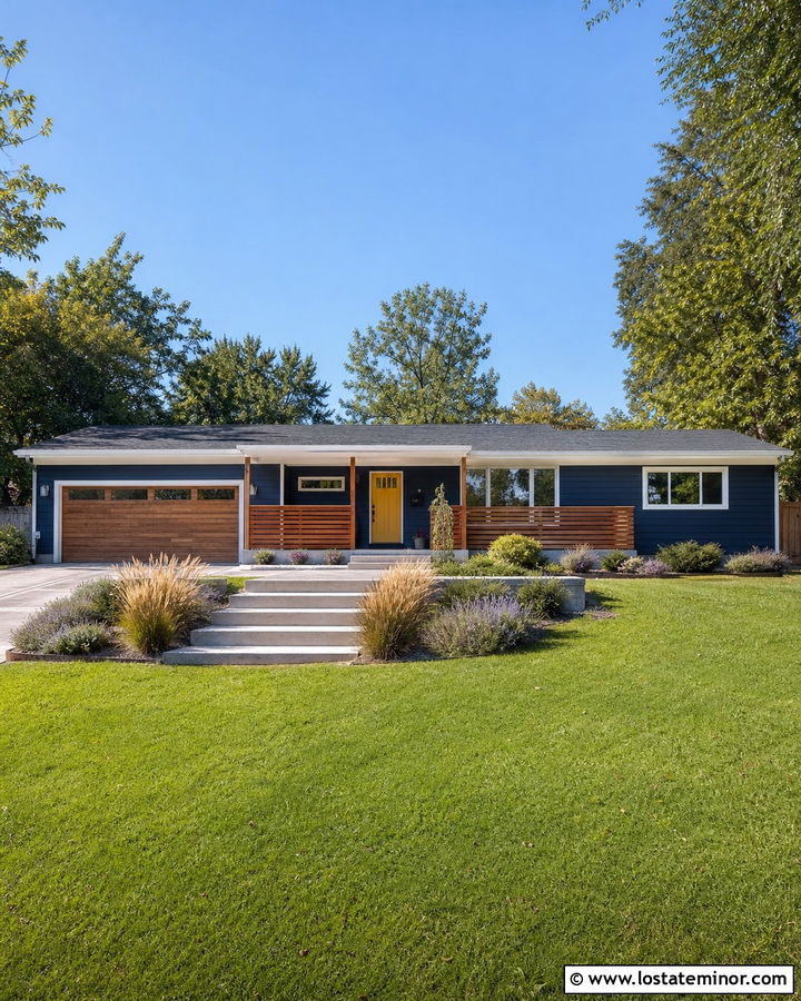Navy Blue Ranch House With Horizontal Wood Railings - 30 Navy Blue House Design With Railings Ideas