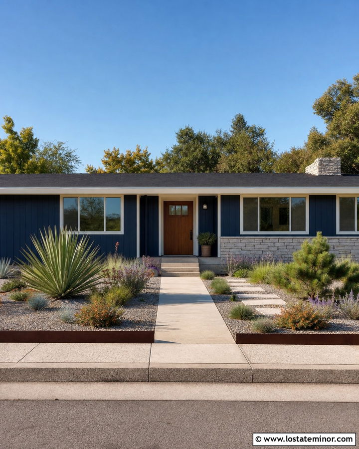 Navy Blue Ranch House With Low Maintenance Gravel Yard - 30 Navy Blue House Design With Front Yard Ideas
