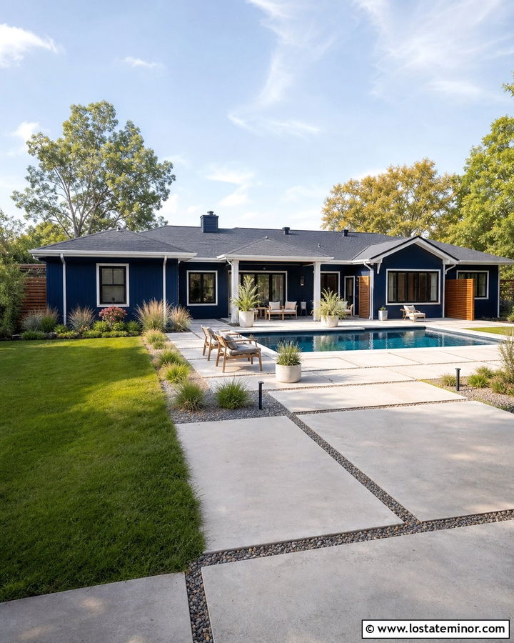 Navy Blue Ranch House With Small Pool - 30 Navy Blue House Design With Swimming Pool Ideas