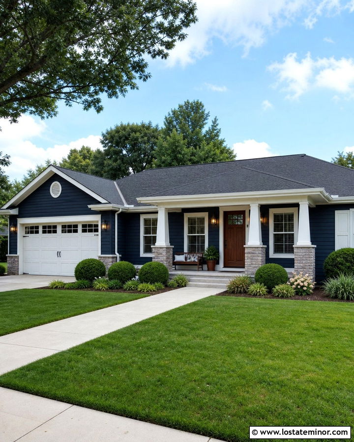 Navy Blue Ranch House With Stone Porch Columns - 30 Navy Blue House Design With Porch Columns Ideas