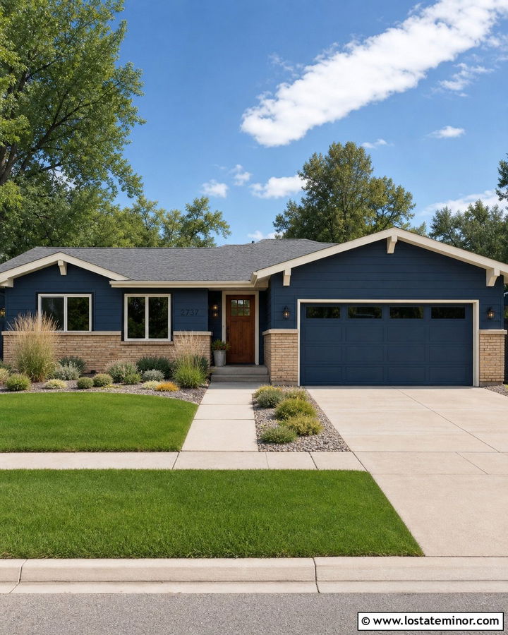 Navy Blue Ranch House With Tan Brick - 30 Navy Blue House Design With Brick Accents Ideas