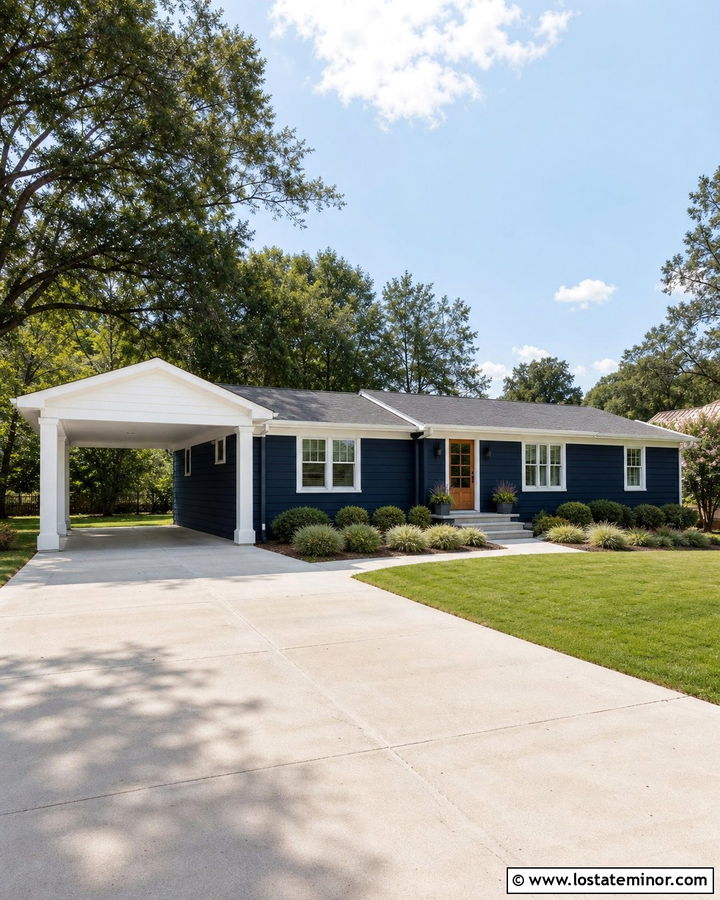 Navy Blue Ranch House With White Carport - 30 Navy Blue House Design With Carport Ideas