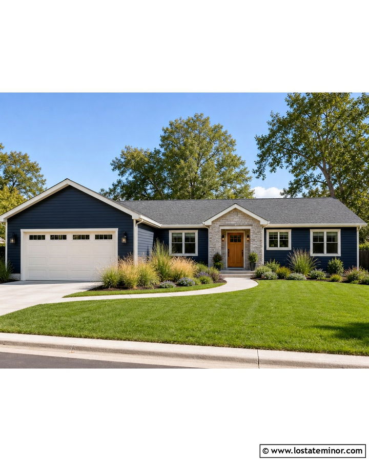 Navy Blue Ranch House With White Garage And Stone Entry - 30 Navy Blue House Design With Accents Ideas