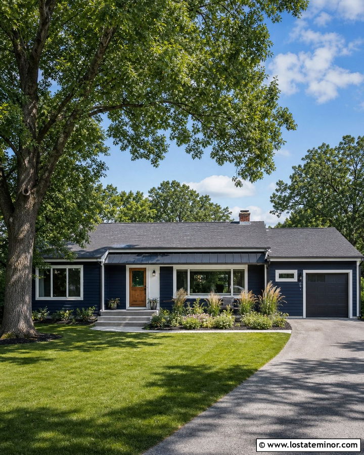 Navy Blue Ranch With Black Metal Awning - 30 Navy Blue House Design With Awning Ideas
