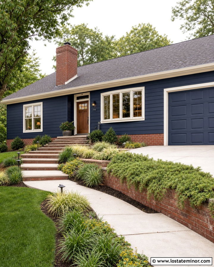 Navy Blue Ranch With Brick Retaining Wall - 30 Navy Blue House Design With Brick Accents Ideas