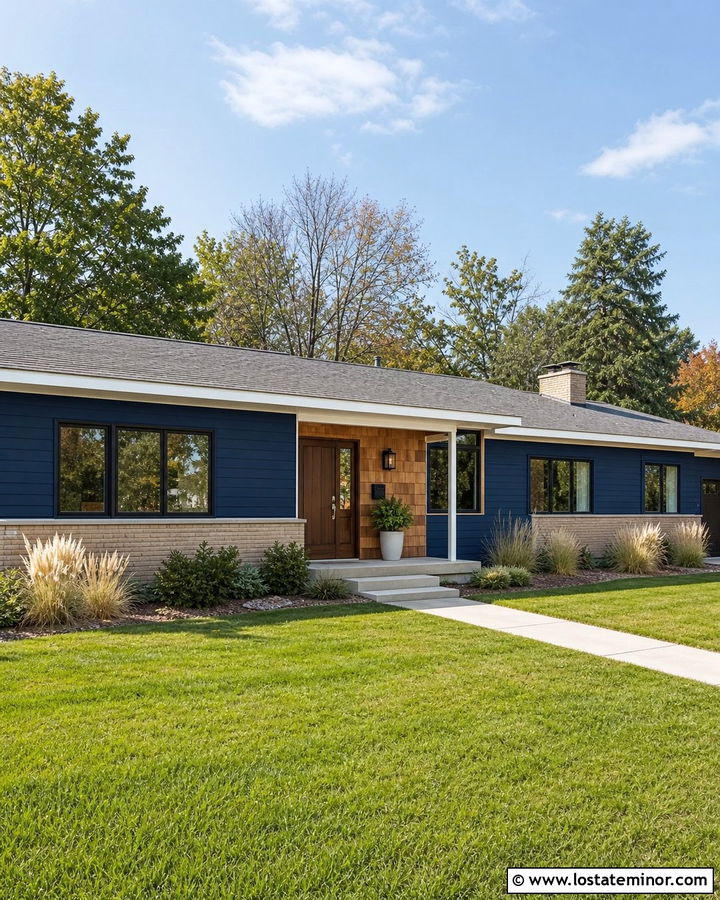 Navy Blue Ranch With Cedar Shake Entry - 30 Navy Blue House Design With Cedar Shake Ideas