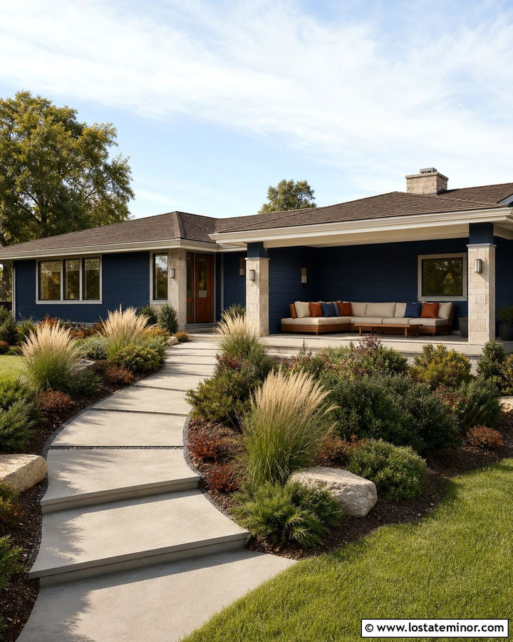 Navy Blue Ranch With Corner Patio Daybed - 30 Navy Blue House Design With Daybed Ideas