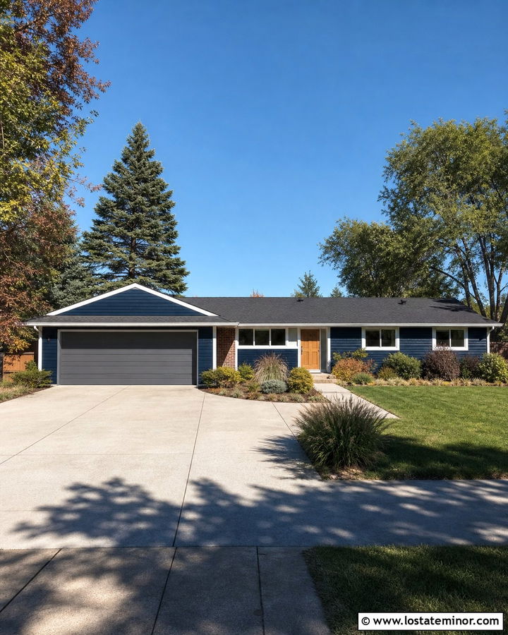 Navy Blue Ranch With Gray Garage Door - 30 Navy Blue House Design With Garage Door Ideas