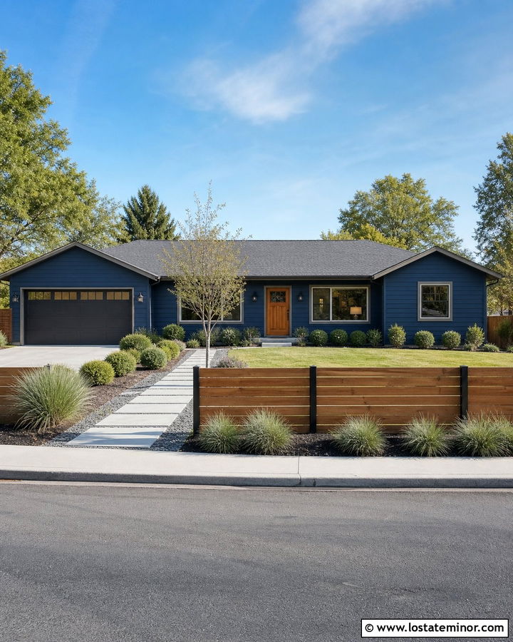 Navy Blue Ranch With Horizontal Wood Fence - 30 Navy Blue House Design With Fence Ideas