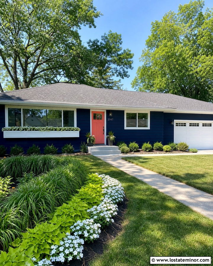 Navy Blue Ranch With Long Window Boxes - 30 Navy Blue House Design With Window Boxes Ideas