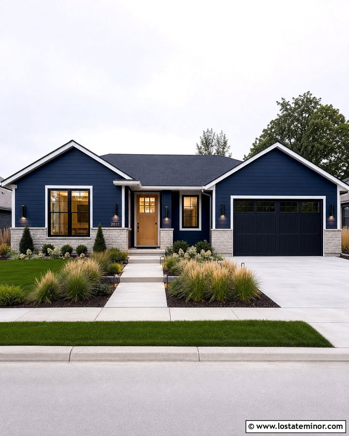 Navy Blue Ranch With Modern Cylinder Lights - 30 Navy Blue House Design With Light Fixtures Ideas