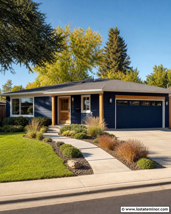 Navy Blue Ranch With Natural Wood Screen Door - 30 Navy Blue House Design With Screen Door Ideas