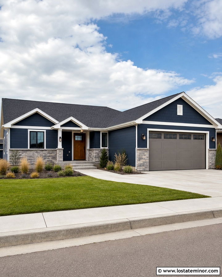 Navy Blue Ranch With Stacked Stone Wainscoting - 30 Navy Blue House Design With Stone Accents Ideas