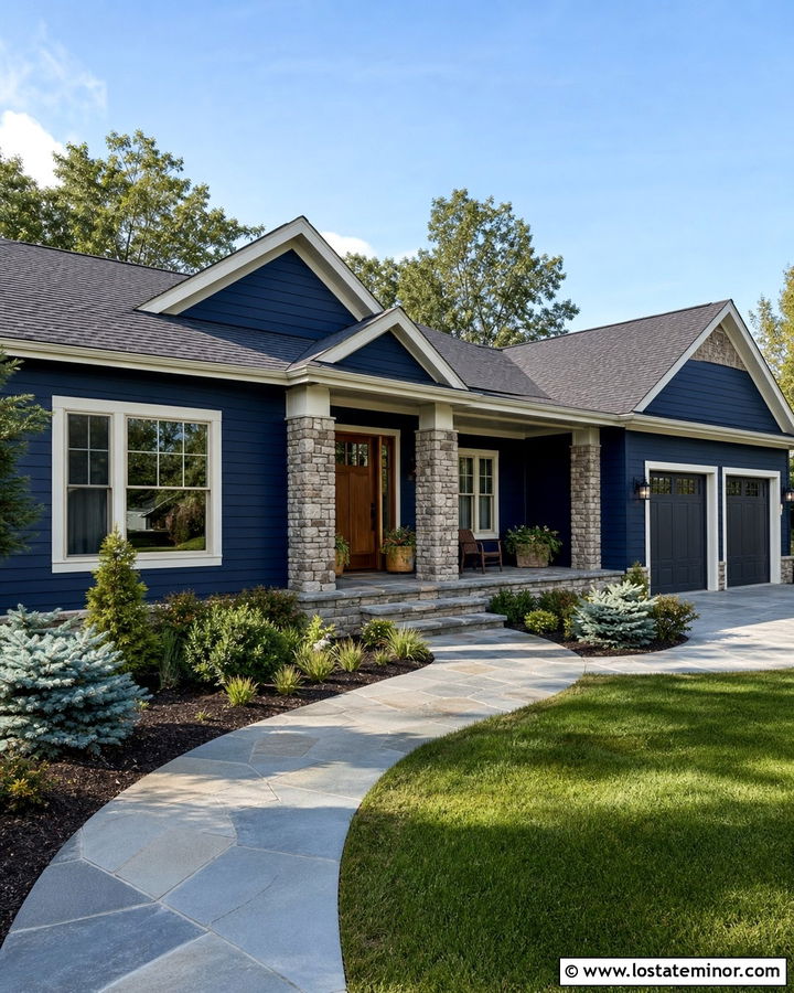 Navy Blue Ranch With Stone Porch - 30 Navy Blue House Design With Front Porch Ideas