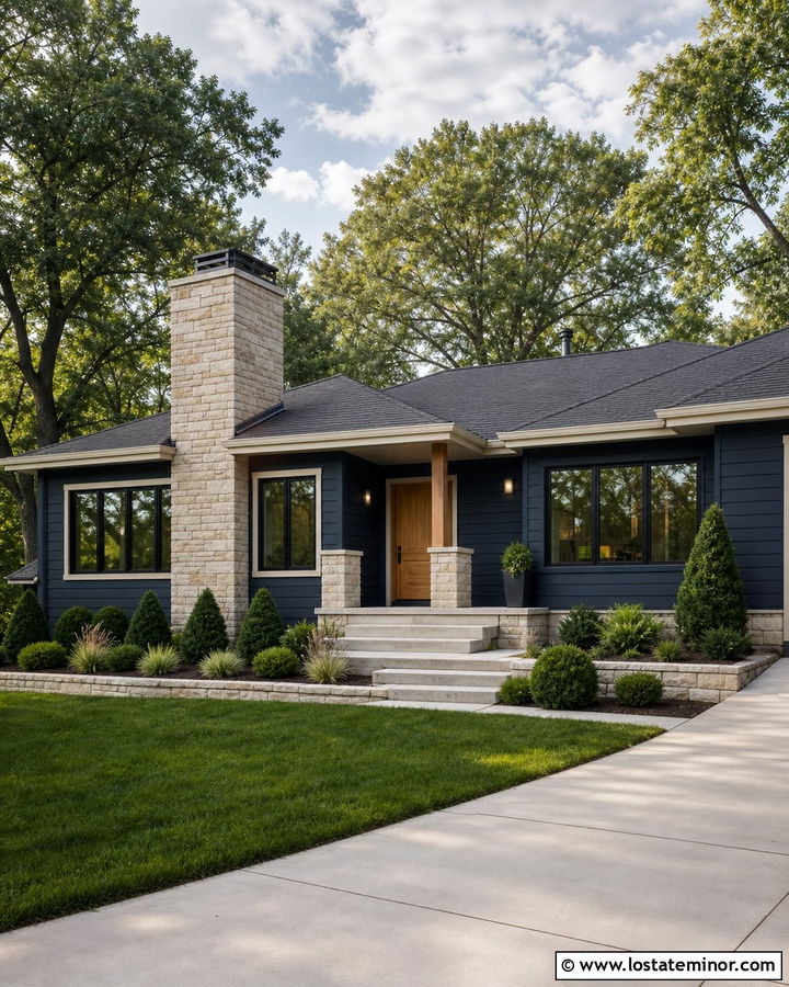 Navy Blue Ranch With Tan Stone Chimney - 30 Navy Blue House Design With Chimney Ideas