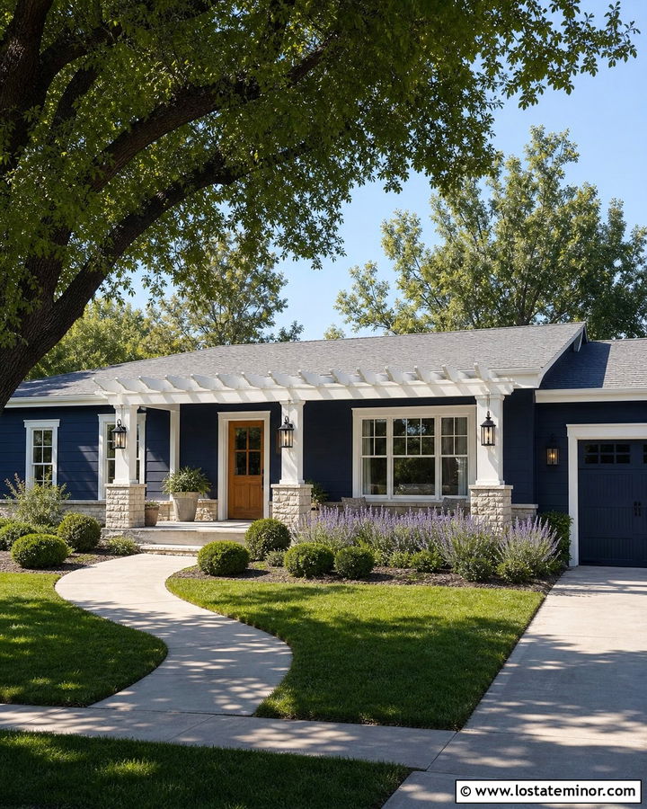 Navy Blue Ranch With White Pergola - 30 Navy Blue House Design With Pergola Ideas