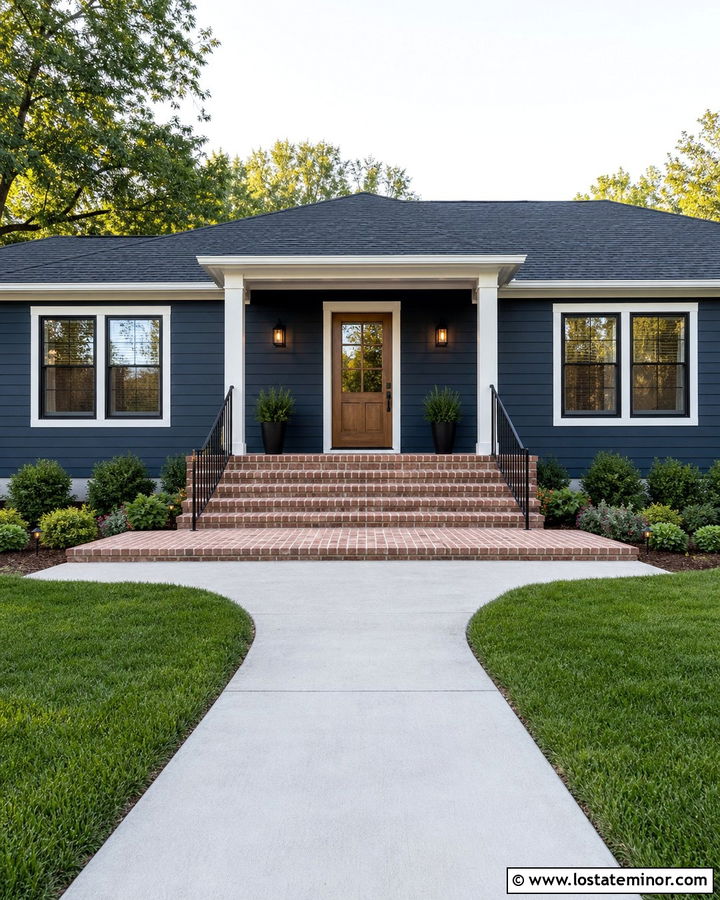 Navy Blue Ranch With Wide Brick Steps - 30 Navy Blue House Design With Steps Ideas