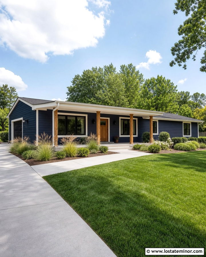 Navy Blue Ranch With Wide Shed Portico - 30 Navy Blue House Design With Portico Ideas