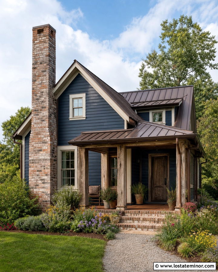Navy Blue Rustic House With Reclaimed Brick Chimney - 30 Navy Blue House Design With Chimney Ideas