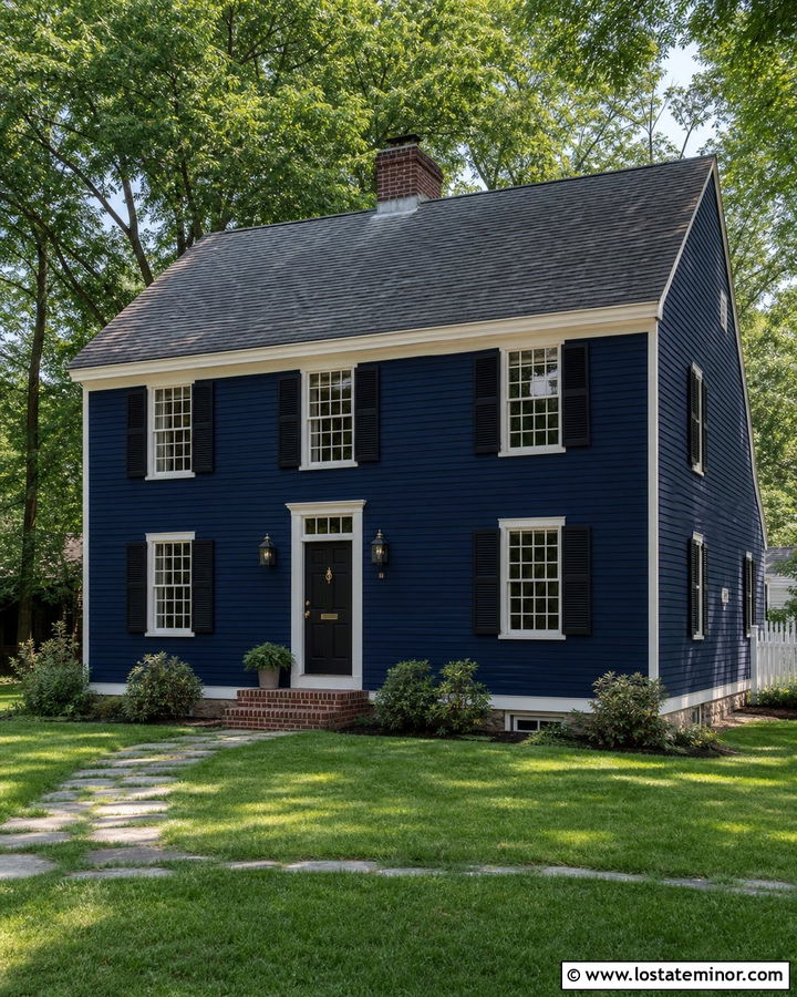 Navy Blue Saltbox House With Black Shutters - 30 Navy Blue House Design With Shutters Ideas