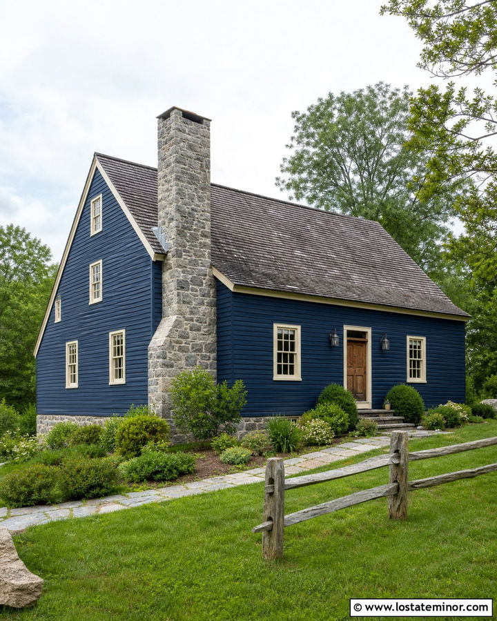 Navy Blue Saltbox With Central Stone Chimney - 30 Navy Blue House Design With Chimney Ideas