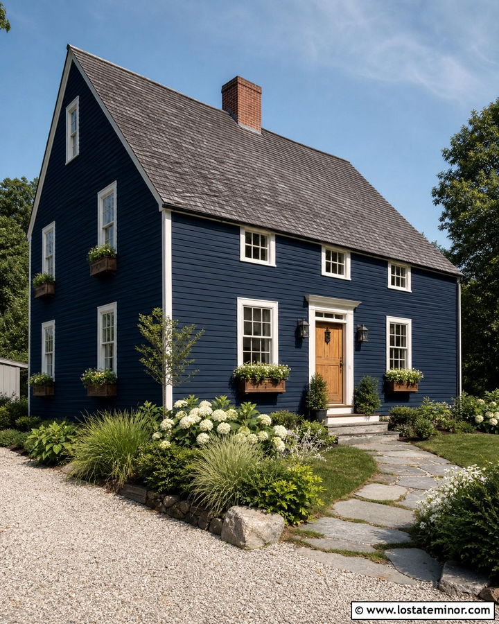 Navy Blue Saltbox With Natural Wood Window Boxes - 30 Navy Blue House Design With Window Boxes Ideas