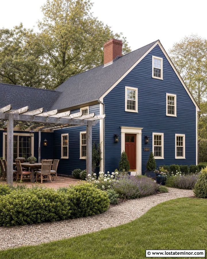 Navy Blue Saltbox With Side Patio Pergola - 30 Navy Blue House Design With Pergola Ideas