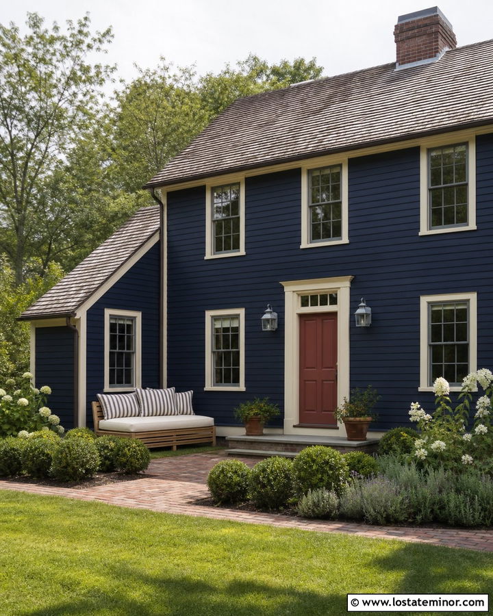 Navy Blue Saltbox With Simple Porch Daybed - 30 Navy Blue House Design With Daybed Ideas