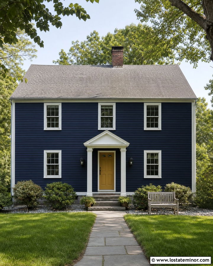 Navy Blue Saltbox With Simple Portico - 30 Navy Blue House Design With Portico Ideas