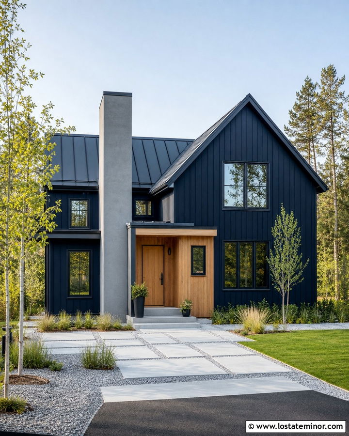 Navy Blue Scandinavian House With Minimal Chimney - 30 Navy Blue House Design With Chimney Ideas