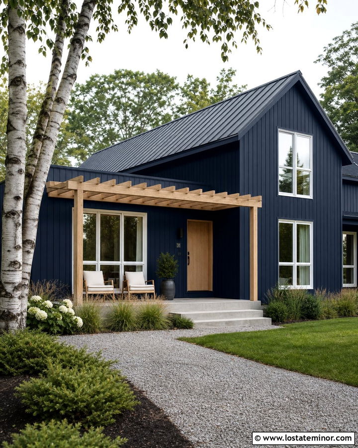 Navy Blue Scandinavian House With Pale Wood Pergola - 30 Navy Blue House Design With Pergola Ideas