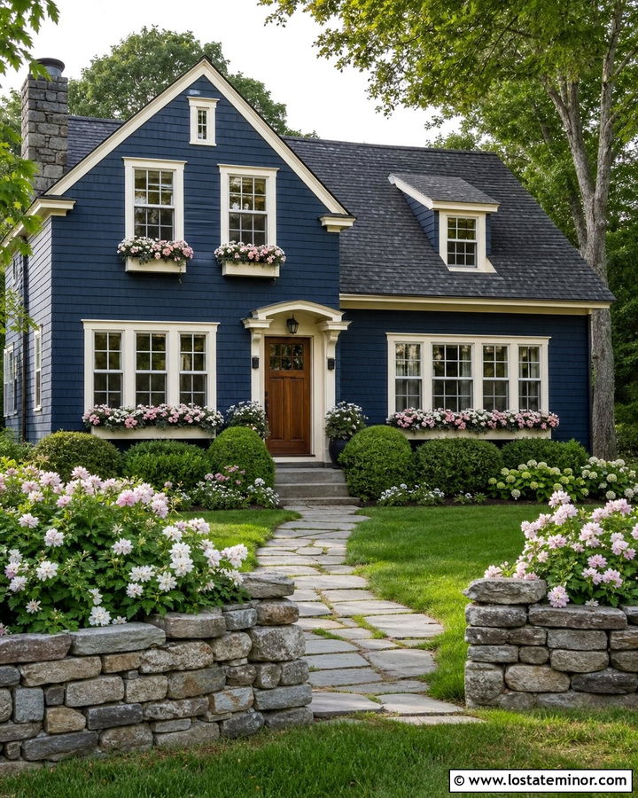 Navy Blue Shake House With Window Boxes - 30 Navy Blue House Design With Front Yard Ideas