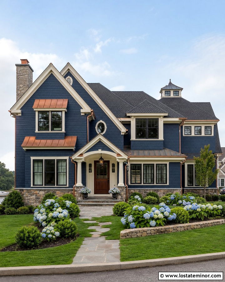 Navy Blue Shake Siding House With Copper Awnings - 30 Navy Blue House Design With Accents Ideas