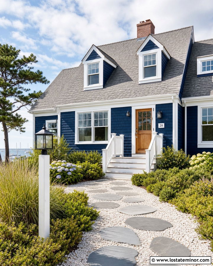 Navy Blue Shake Siding With Coastal Grasses - 30 Navy Blue House Design With Landscaping Ideas