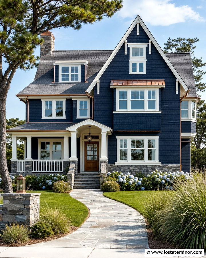 Navy Blue Shake Siding With Copper Accents - 30 Navy Blue House Design With Siding Ideas