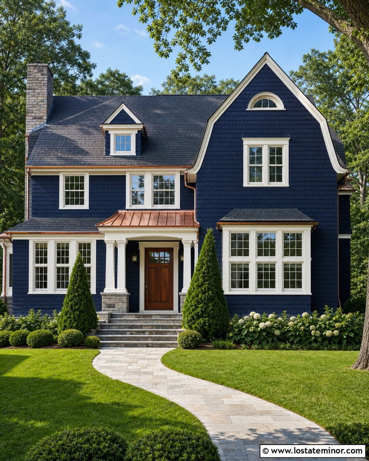Navy Blue Shingle House With Copper Accents - 30 Navy Blue House Design With Shingles Ideas